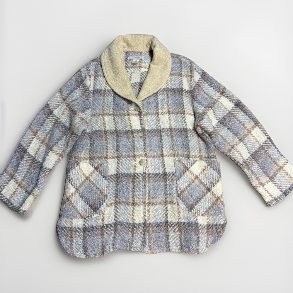 Boyne Valley Weavers Plaid Cardigan Jacket Ireland Size M Wool Blend Blue Cream